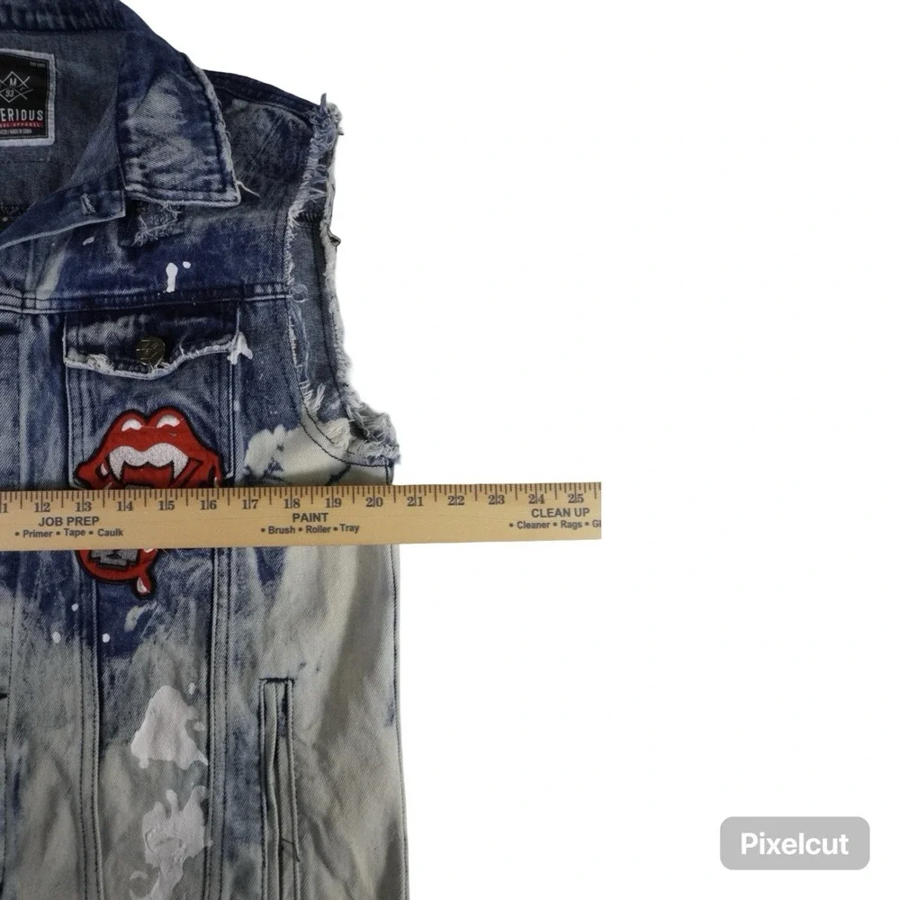 Imperious Denim Vest Men's Large Rolling Stones Patch Acid Wash Distressed Punk‎